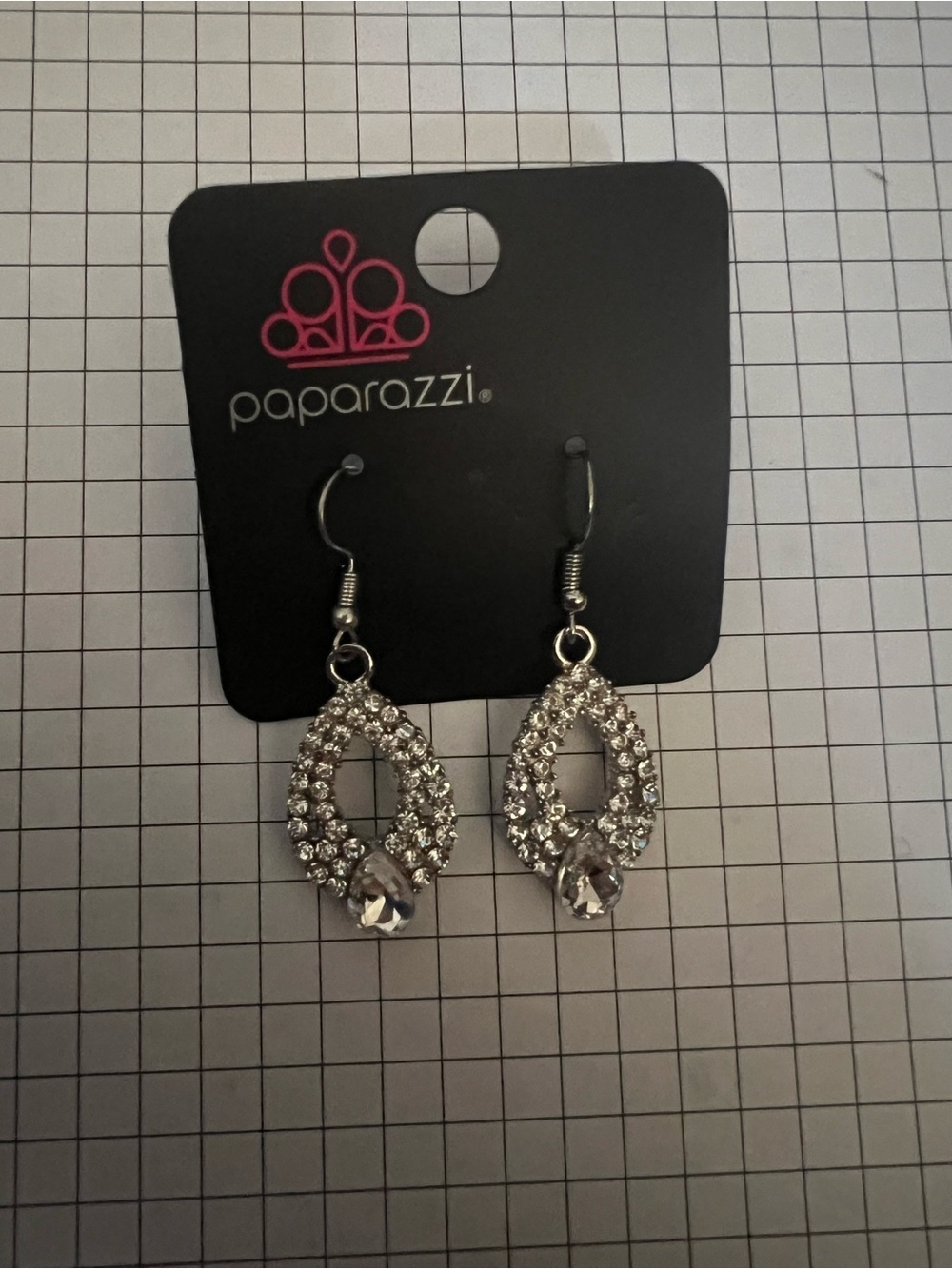 Paparazzi Silver Teardrop Dangle Earrings with Clear Rhinestones